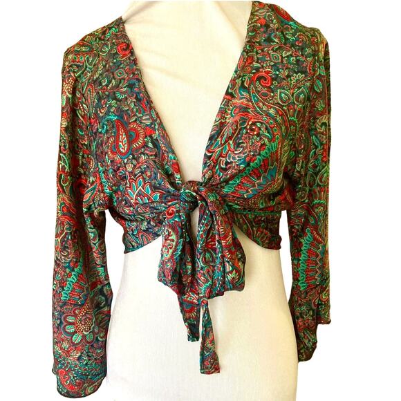 Bigg Bull Silk Boho Paisley Wrap/Tie Shirt, One Size, Stunning colors! - Picture 1 of 6